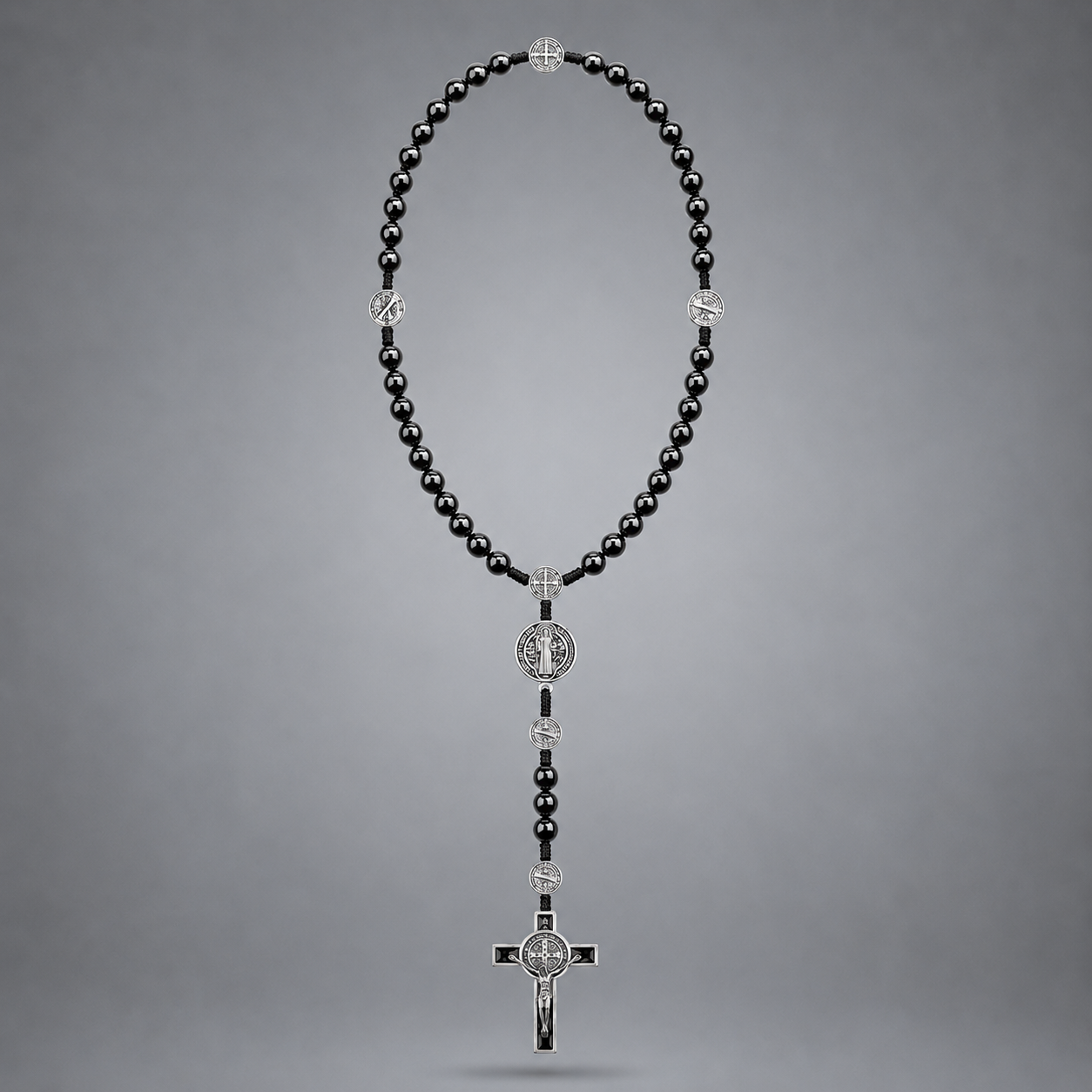 Collana Rosario in Ematite Nera con Medaglia di San Benedetto