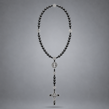 Collana Rosario in Ematite Nera con Medaglia di San Benedetto