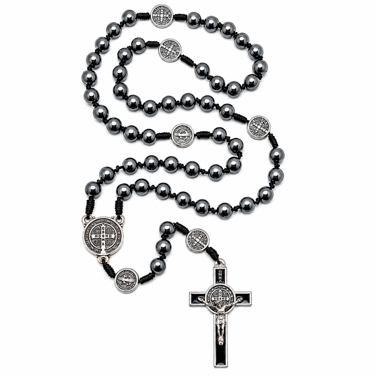 Collana Rosario in Ematite Nera con Medaglia di San Benedetto