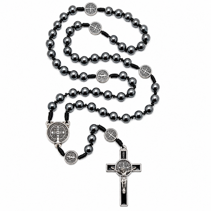 Collana Rosario in Ematite Nera con Medaglia di San Benedetto