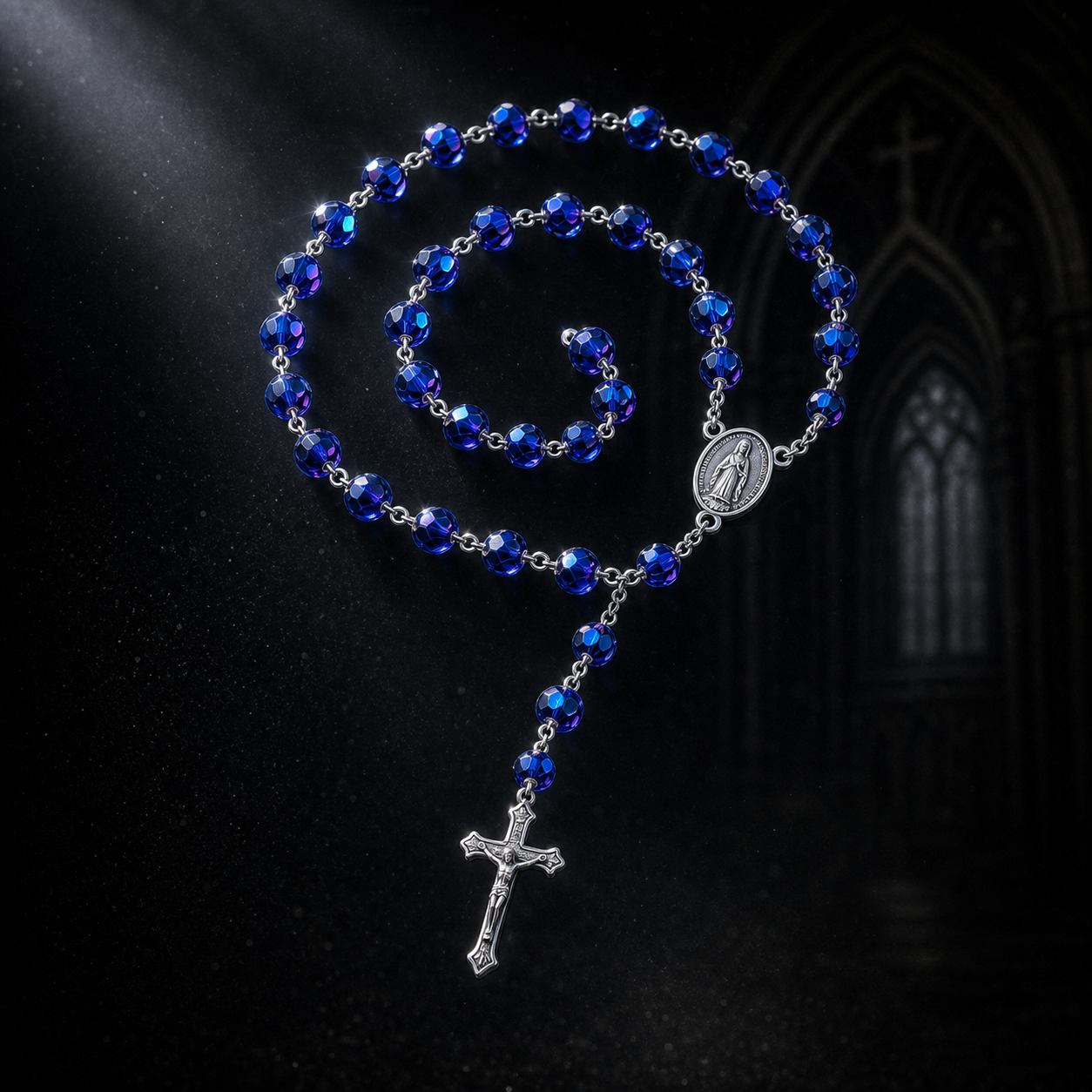 Colar Rosário Sacro Studio azul flutuando em cena conceitual escura