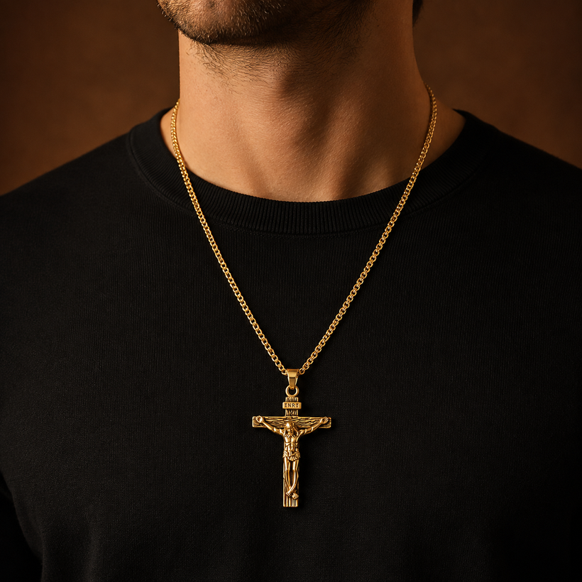 Colar Crucifixo Esculpido INRI em Prata 925