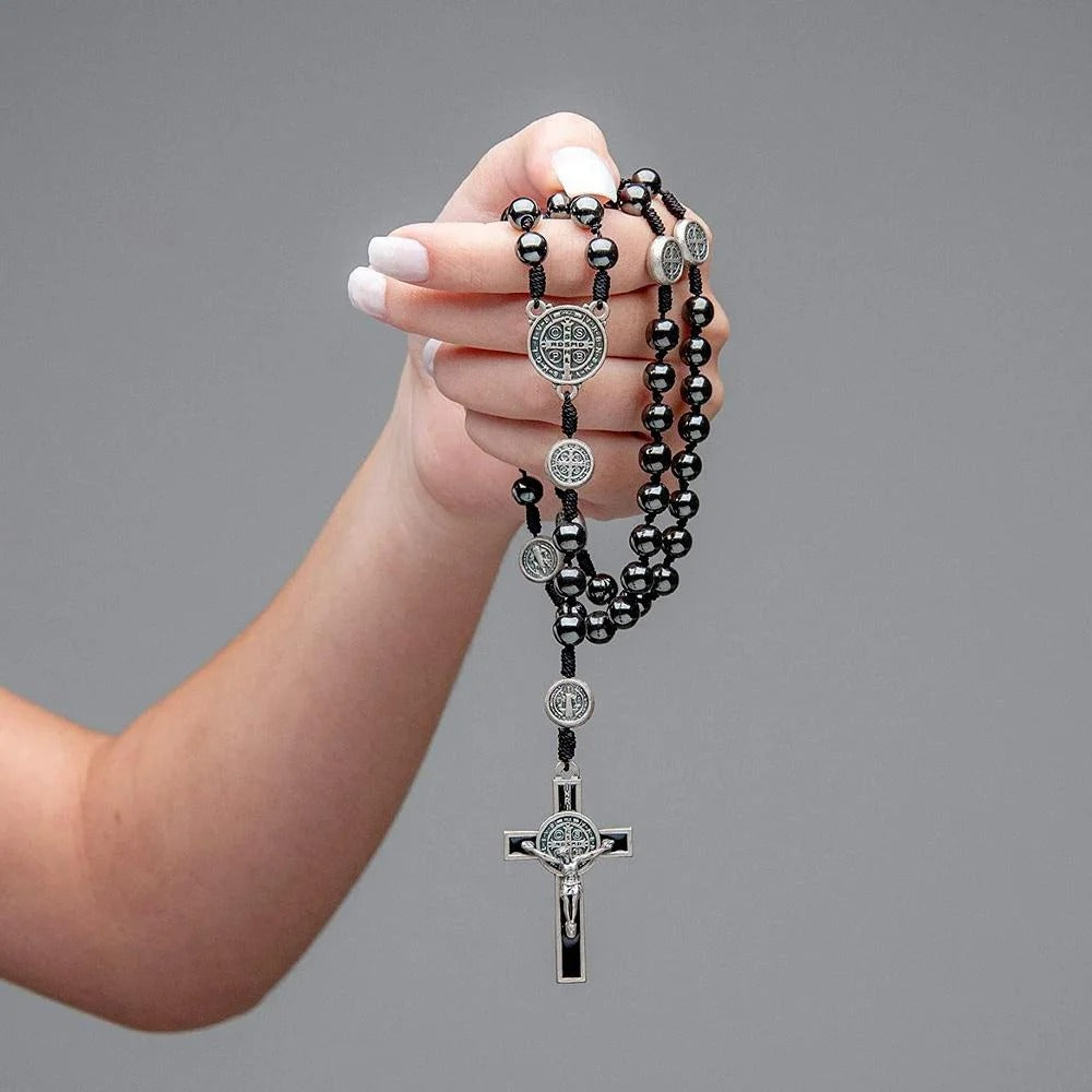 Collana Rosario in Ematite Nera con Medaglia di San Benedetto