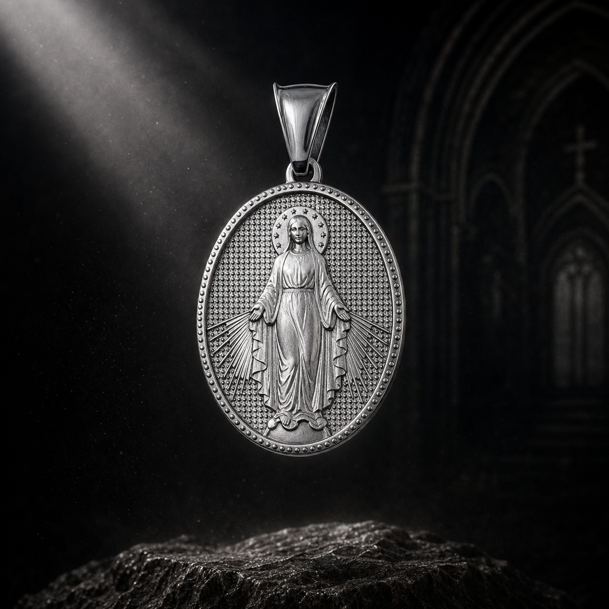 Medalha Milagrosa flutuando em cena conceitual escura