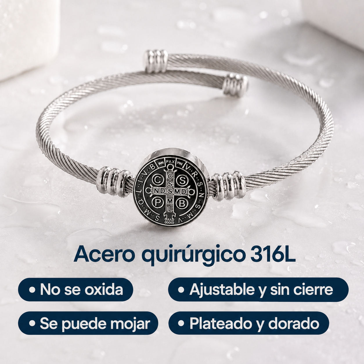 Pulsera con Medalla de San Benito en Acero Quirúrgico 316L