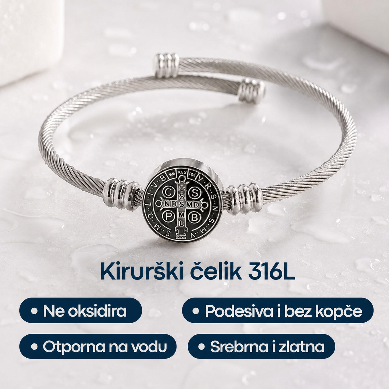 Narukvica s Medaljom svetog Benedikta od Kirurškog Čelika 316L